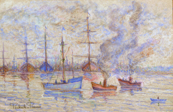 Painting of boats in a harbor with reflections on the water.